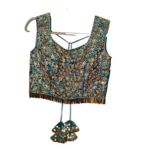 Teal & Gold Choli Blouse Brass Fringe Sequin Beaded Indian Wedding Top Latkans M